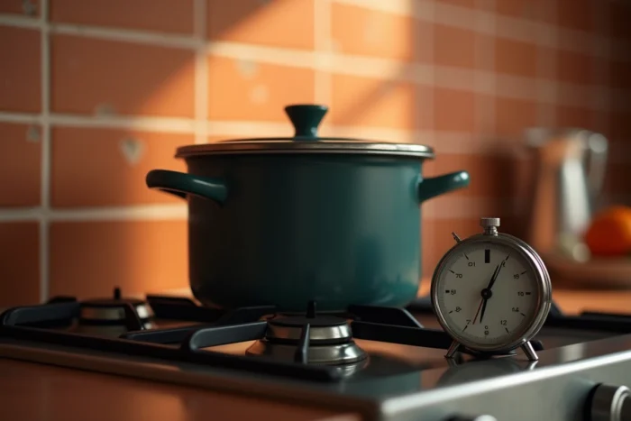 Casserole avec couvercle fermé posée sur un feu éteint avec de la vapeur résiduelle qui s'échappe légèrement et un minuteur placé à côté