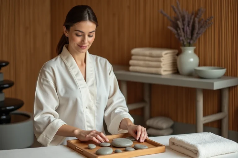 Thérapeute du salon de massage Zen Nature à Chalon-sur-Saône préparant des pierres chaudes dans un espace zen et apaisant