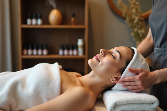 Cliente en séance de massage relaxant au salon Zen Nature de Chalon-sur-Saône, moment de détente et de bien-être