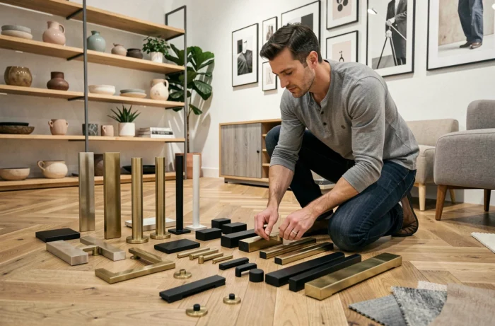 Homme choisissant des accessoires et poignées de meubles dans un showroom de décoration intérieure moderne