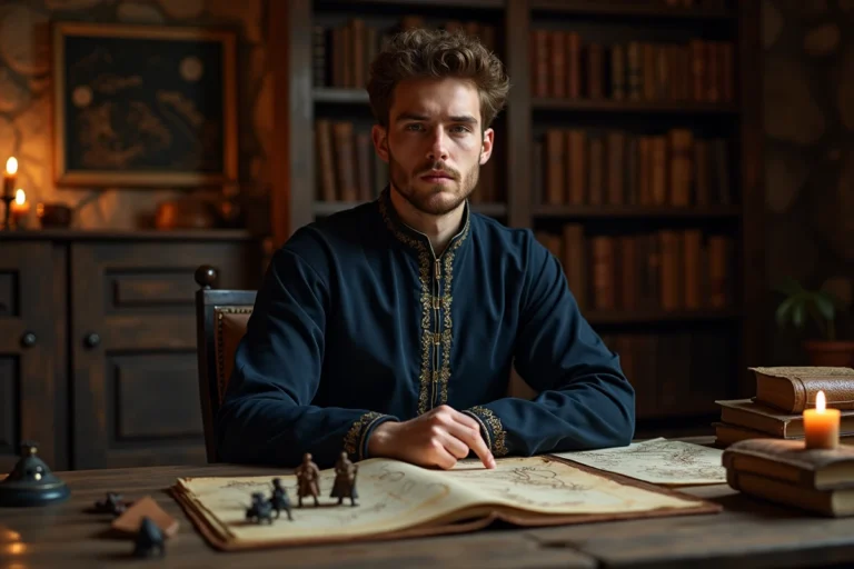 Joueur adulte concentré étudiant une carte de stratégie médiévale pour réussir la vraie fin d'Unicorn Overlord