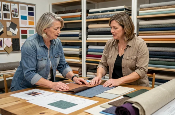Deux professionnelles du textile examinant des échantillons de tissu et des patrons dans un studio de création