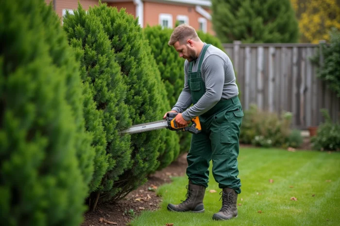 Jardinier professionnel en train de tailler une haie de thuyas avec une taille-haie électrique dans un jardin résidentiel
