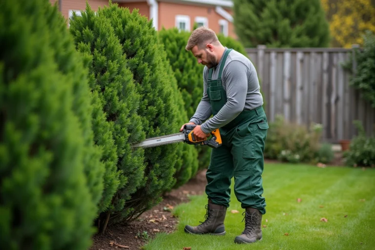 Jardinier professionnel en train de tailler une haie de thuyas avec une taille-haie électrique dans un jardin résidentiel