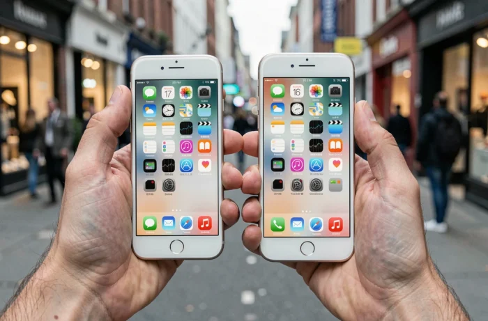 Gros plan de deux mains tenant un iPhone 7 et un iPhone 7 Plus pour illustrer leur différence de taille en ville