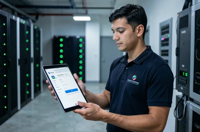 Technicien informatique accédant au portail Akeonet sécurisé sur une tablette dans une salle serveur d'entreprise