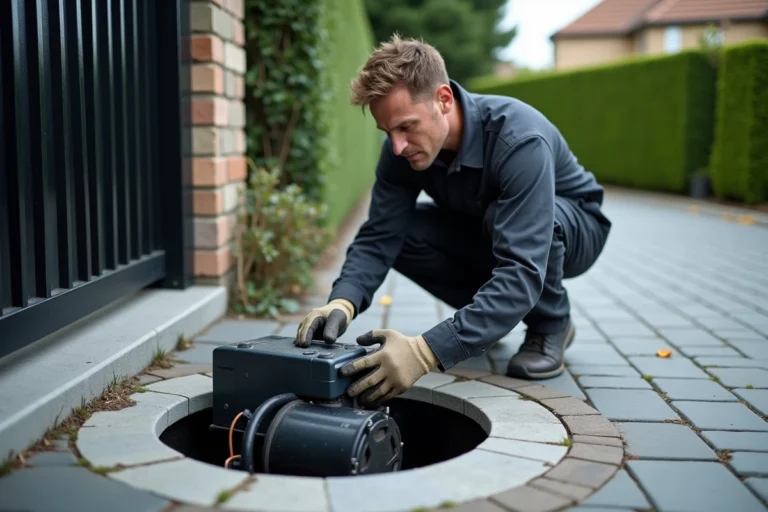 Technicien inspectant un moteur enterré installé dans le socle d'un portail battant en fer forgé