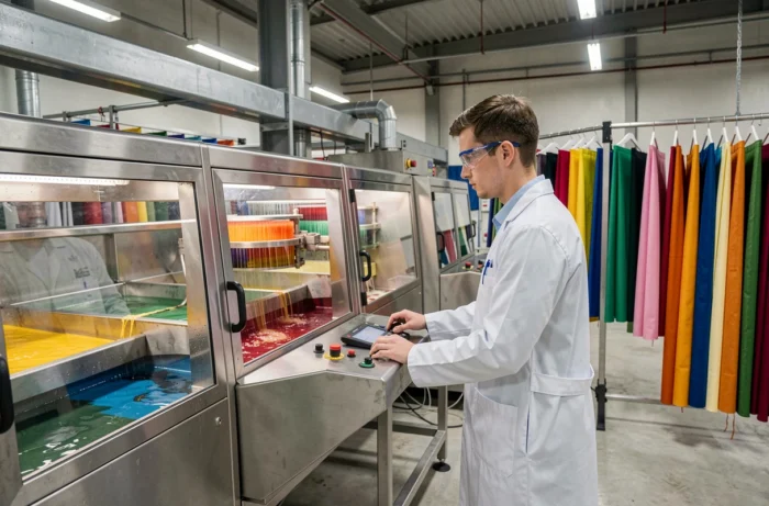 Technicien opérant une machine de teinture industrielle dans une usine de traitement textile moderne
