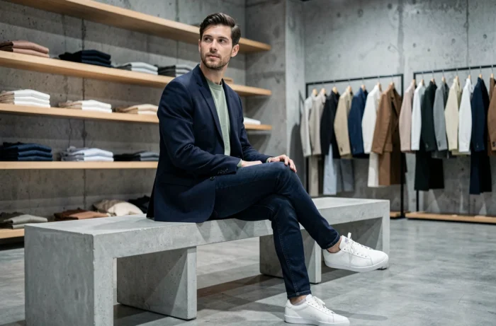Homme en blazer marine oversize et pull vert sauge assis dans un concept store minimaliste, tendances mode homme automne-hiver