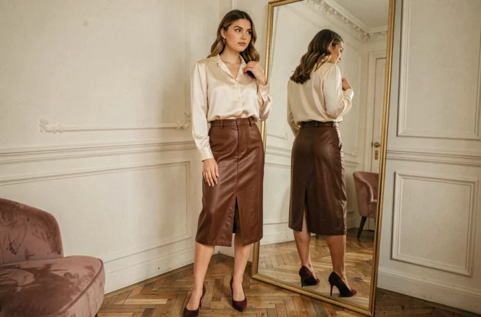 Femme en jupe midi en cuir marron et blouse satinée ivoire devant un miroir dans un appartement haussmannien, look stylé tendances mode