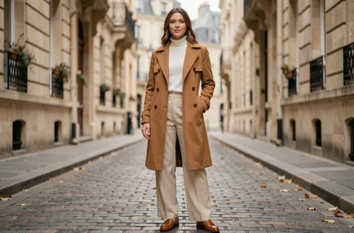 Femme en trench coat camel et pantalon large ecru marchant dans une rue pavée parisienne en automne, look tendance mode saison