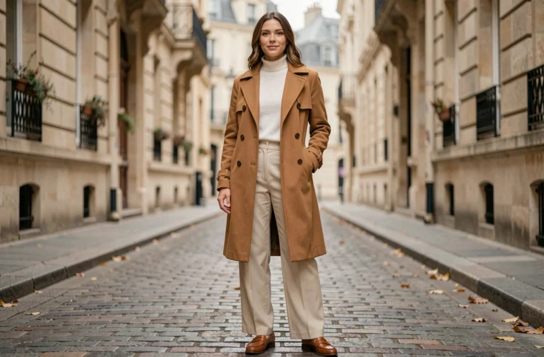 Femme en trench coat camel et pantalon large ecru marchant dans une rue pavée parisienne en automne, look tendance mode saison