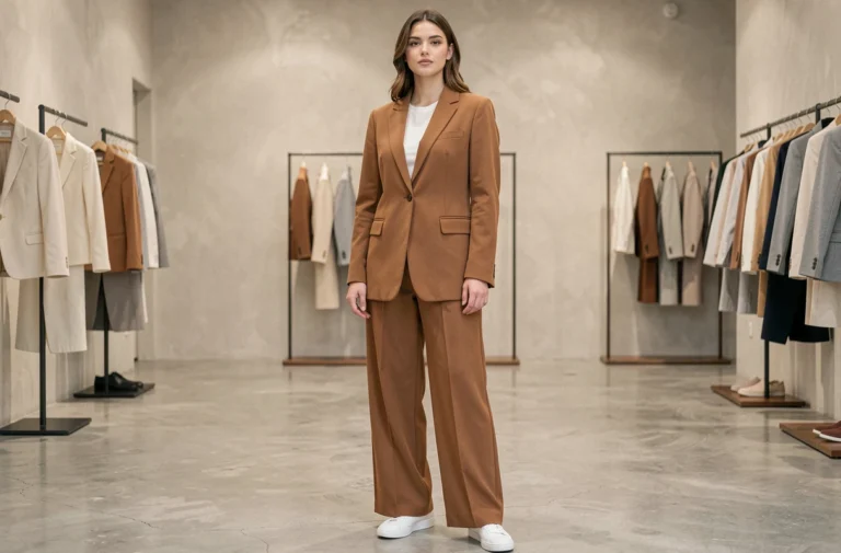 Femme portant un blazer camel oversize et un pantalon large dans une boutique de mode minimaliste aux murs neutres