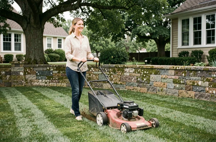 Femme poussant une tondeuse manuelle sur un gazon rayé impeccable devant une maison suburban avec arbres matures