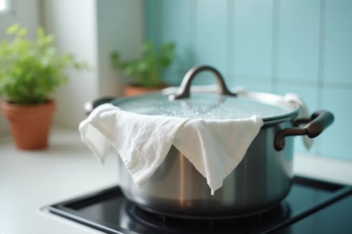 Torchon en lin blanc plié et placé sous le couvercle en verre d'une casserole pour absorber la condensation pendant la cuisson du riz
