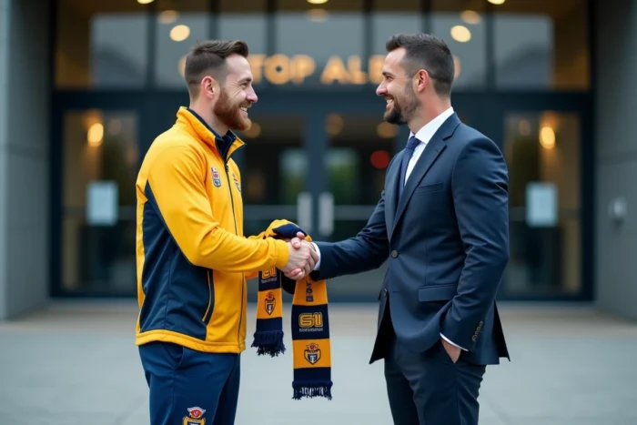 Officialisation d'un transfert à l'ASM Rugby, joueur et directeur sportif échangeant une poignée de main devant le stade de Clermont-Ferrand