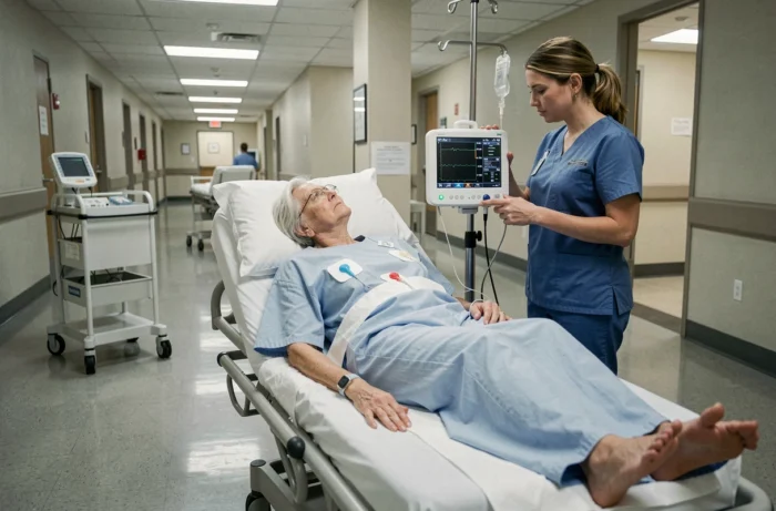 Femme âgée sous surveillance cardiaque aux urgences avec électrodes et moniteur ECG portable, assistée par une infirmière