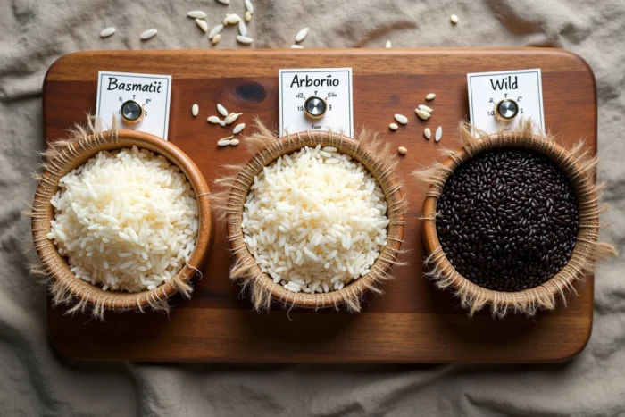 Trois bols contenant différentes variétés de riz — basmati, arborio et riz noir — avec des étiquettes manuscrites indiquant des temps de cuisson différents sur une table en bois