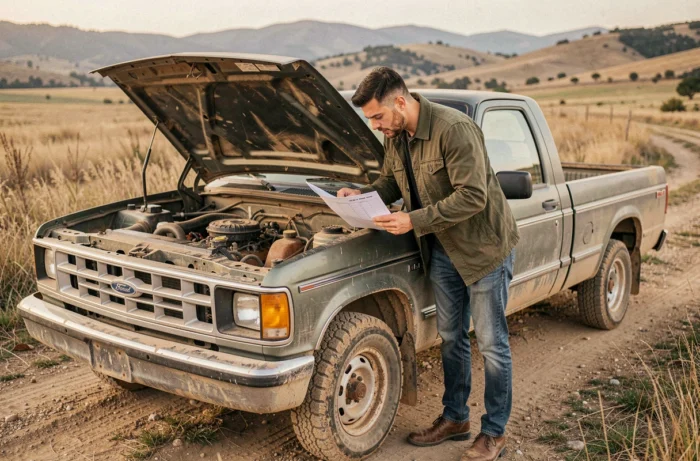 Homme vérifiant le moteur d'un pick-up 4x4 d'occasion avec une checklist sur une route de campagne