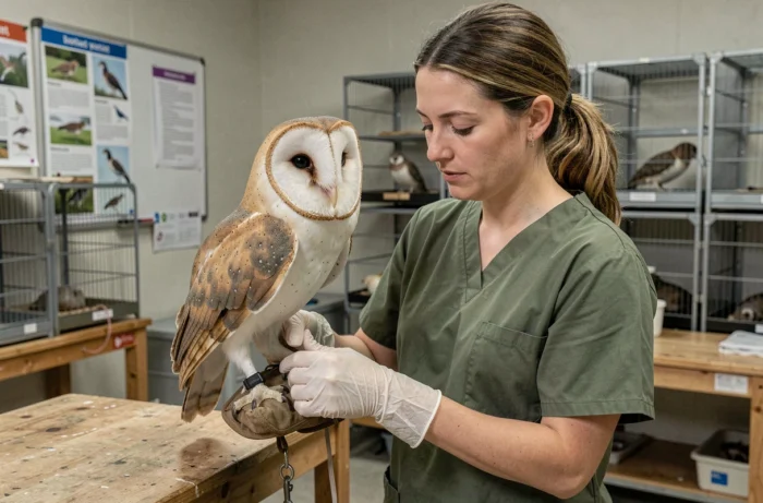 Vétérinaire animalière examinant une chouette effraie dans un centre de réhabilitation de la faune sauvage
