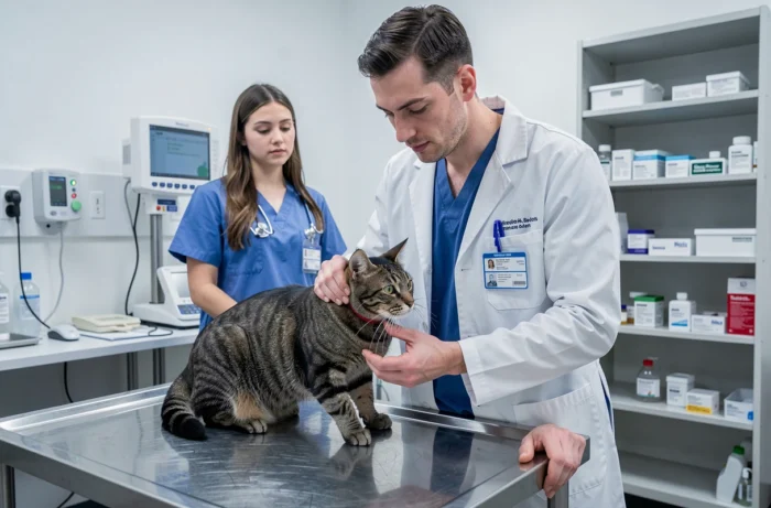 Vétérinaire examinant un chat dans une clinique vétérinaire, illustrant le remboursement des frais couverts par une assurance animaux
