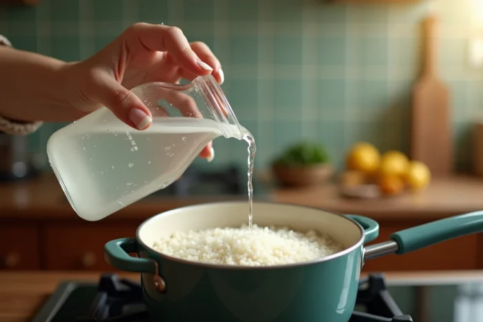 Main versant un filet de vinaigre blanc depuis un petit pichet en verre dans une casserole d'eau avec du riz cru pour modifier l'amidon