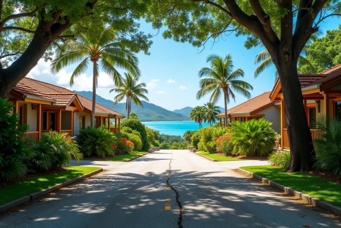 Vue panoramique d'un quartier résidentiel en hauteur autour de Nouméa avec jardins tropicaux et lagon en arrière-plan